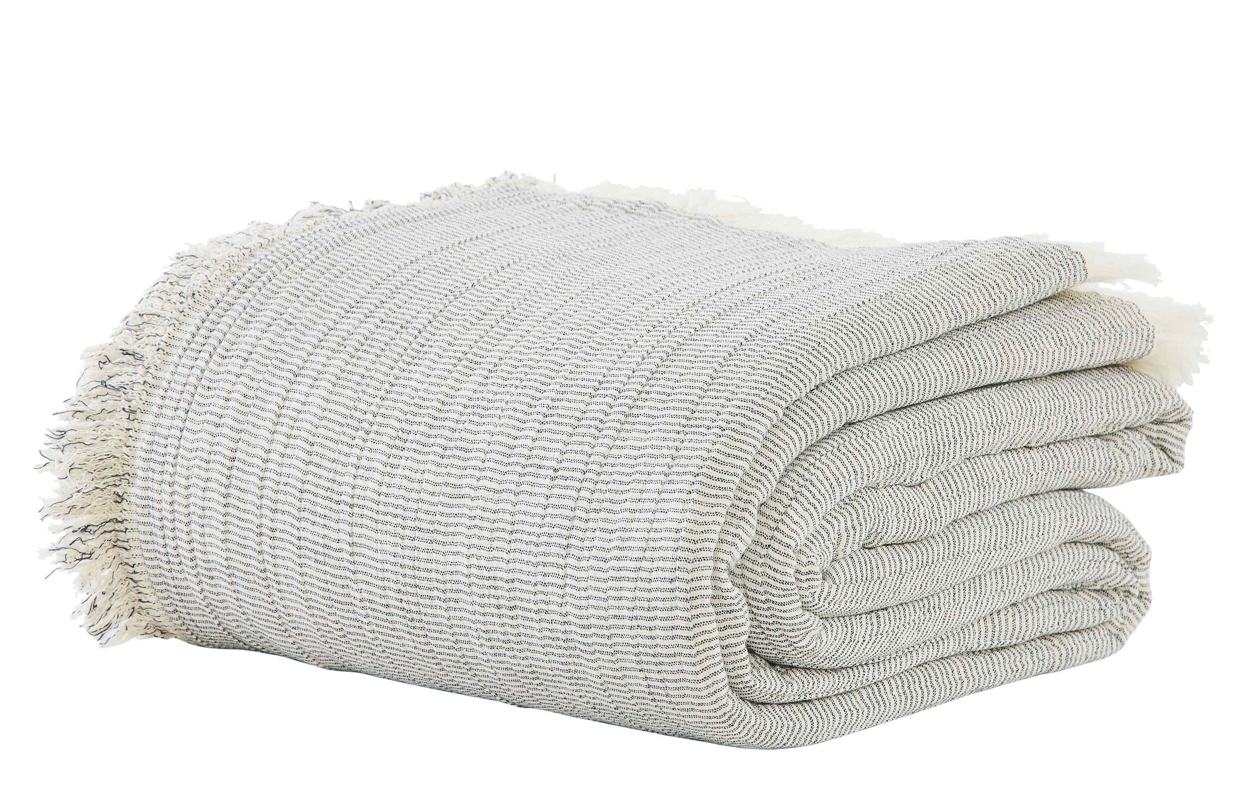 BT-113-9496_3|Folded light grey striped blanket with decorative fringe, showcasing its soft texture and versatile design.