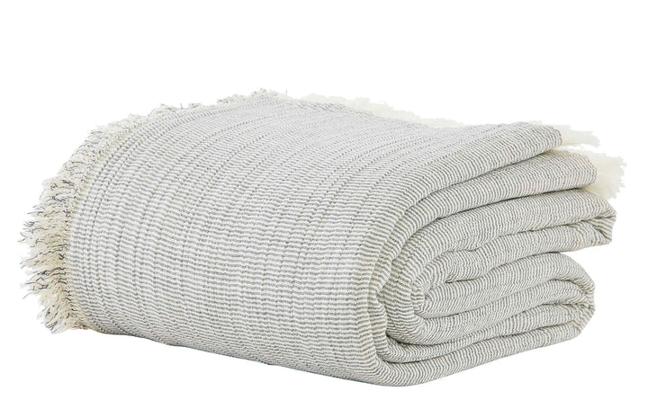 BT-113-9496_3|Folded light grey striped blanket with decorative fringe, showcasing its soft texture and versatile design.