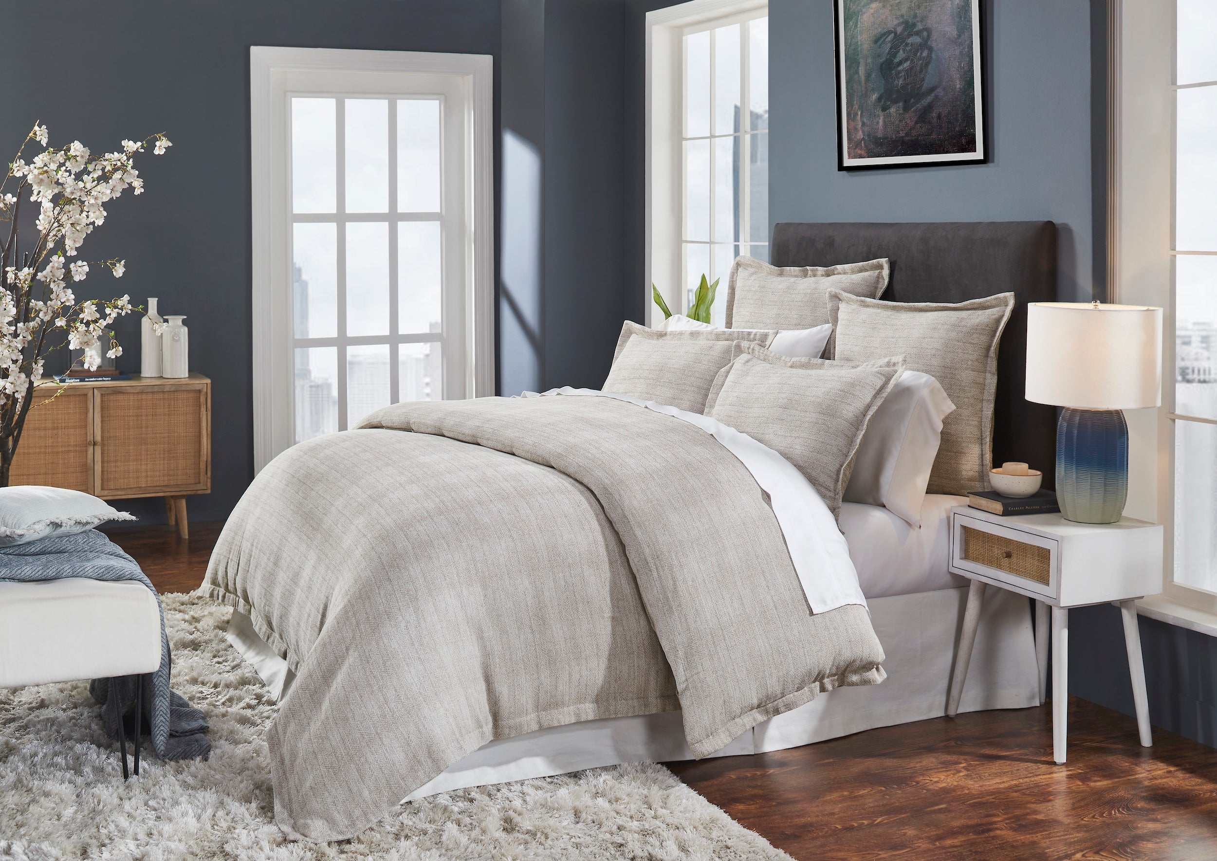 DT-033-9092_2|Modern beige textured duvet cover creating a chic focal point in a contemporary bedroom setting.
