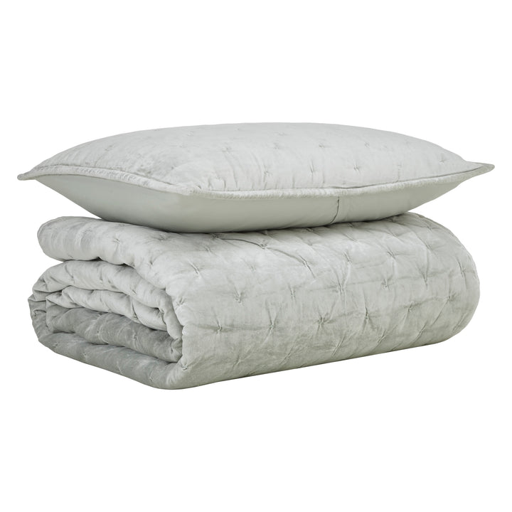 QT-371-9496_5|Neatly folded light grey velvet quilt with square tufting, accompanied by a matching pillow for complete bedding.
