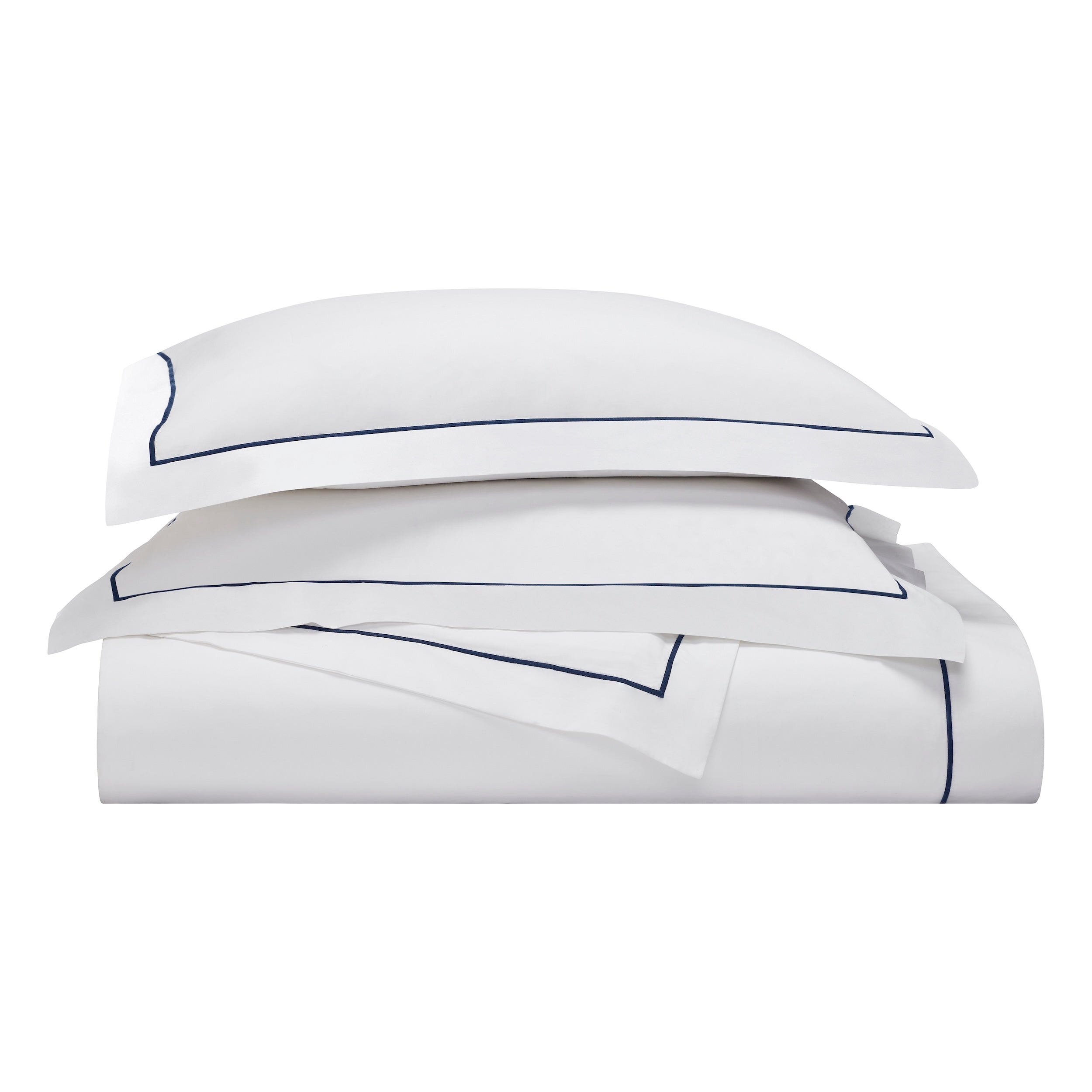 KS-070-2036_3|Crisp white duvet cover and pillow shams with elegant navy blue piping. Luxurious cotton bedding set for a serene bedroom.