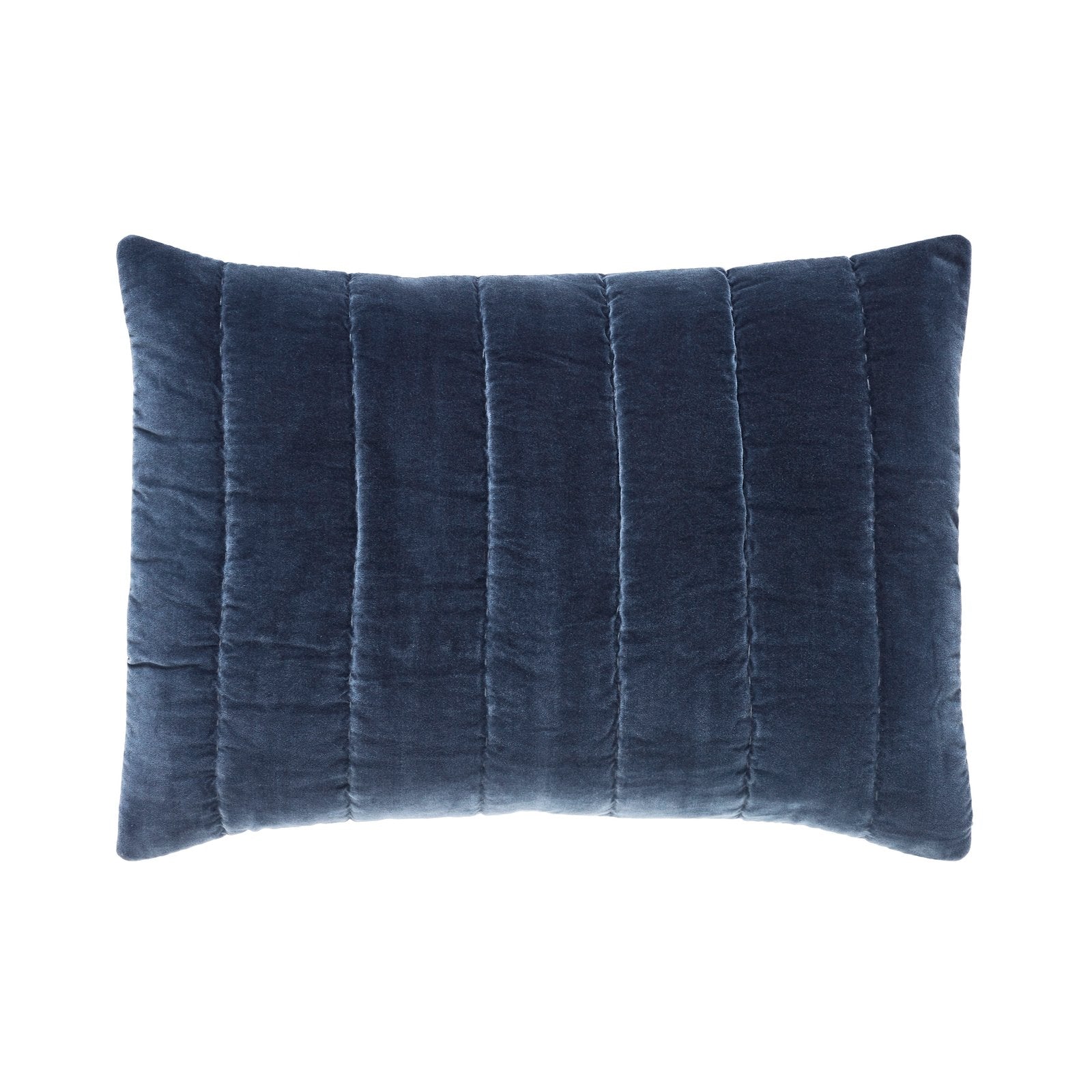 SS-335-2026_1|Deep blue velvet quilted pillow, designed with elegant vertical channel stitching, adding a plush and modern accent.