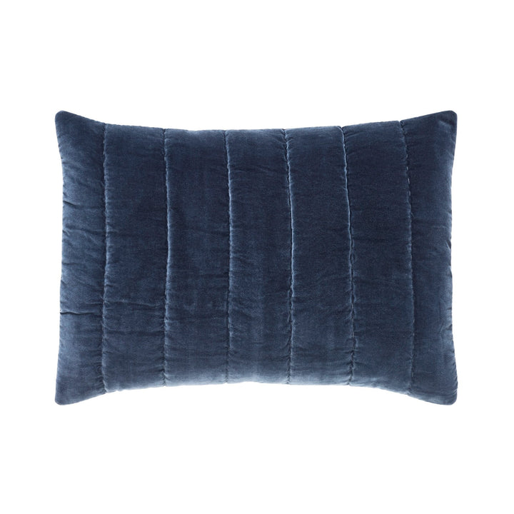 SS-335-2026_1|Deep blue velvet quilted pillow, designed with elegant vertical channel stitching, adding a plush and modern accent.