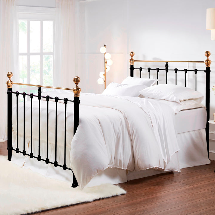 MB-205-6080_1|Elegant black metal bed frame with striking brass finials, combining classic and luxurious elements for a sophisticated bedroom.