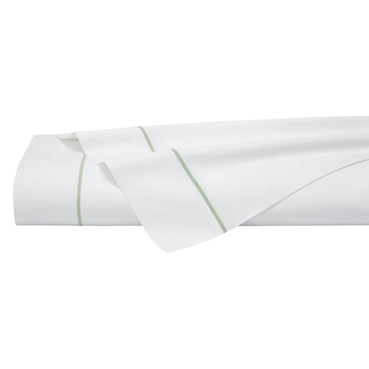 KFL-532-7880_5|Luxurious 100% cotton sheets in crisp white with elegant green trim. Soft, breathable sateen bedding for ultimate comfort.