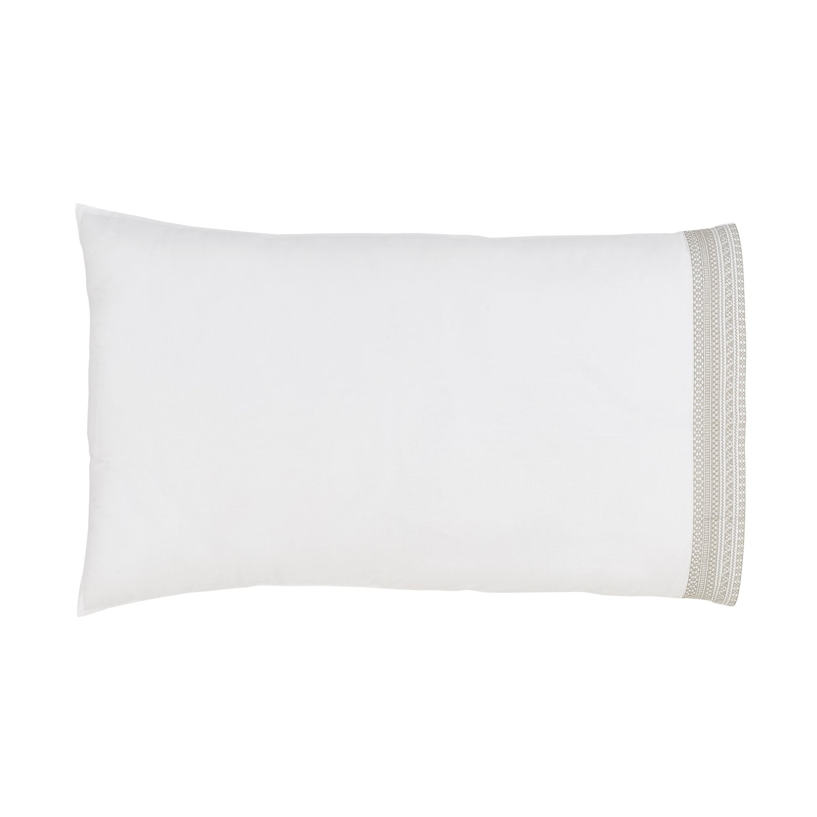 ASP-501-2032_1|White 100% cotton pillowcase with intricate beige embroidered trim, offering crisp comfort and classic style.