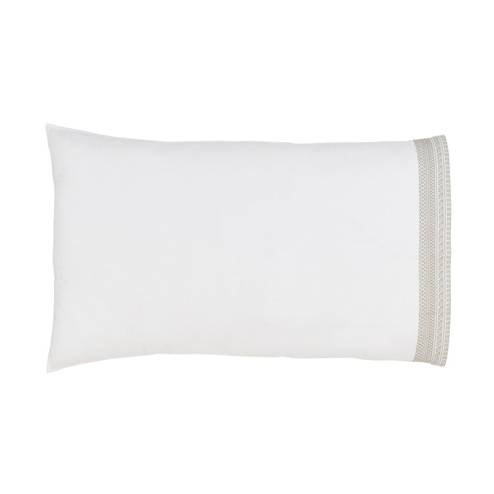 ASP-501-2032_1|White 100% cotton pillowcase with intricate beige embroidered trim, offering crisp comfort and classic style.