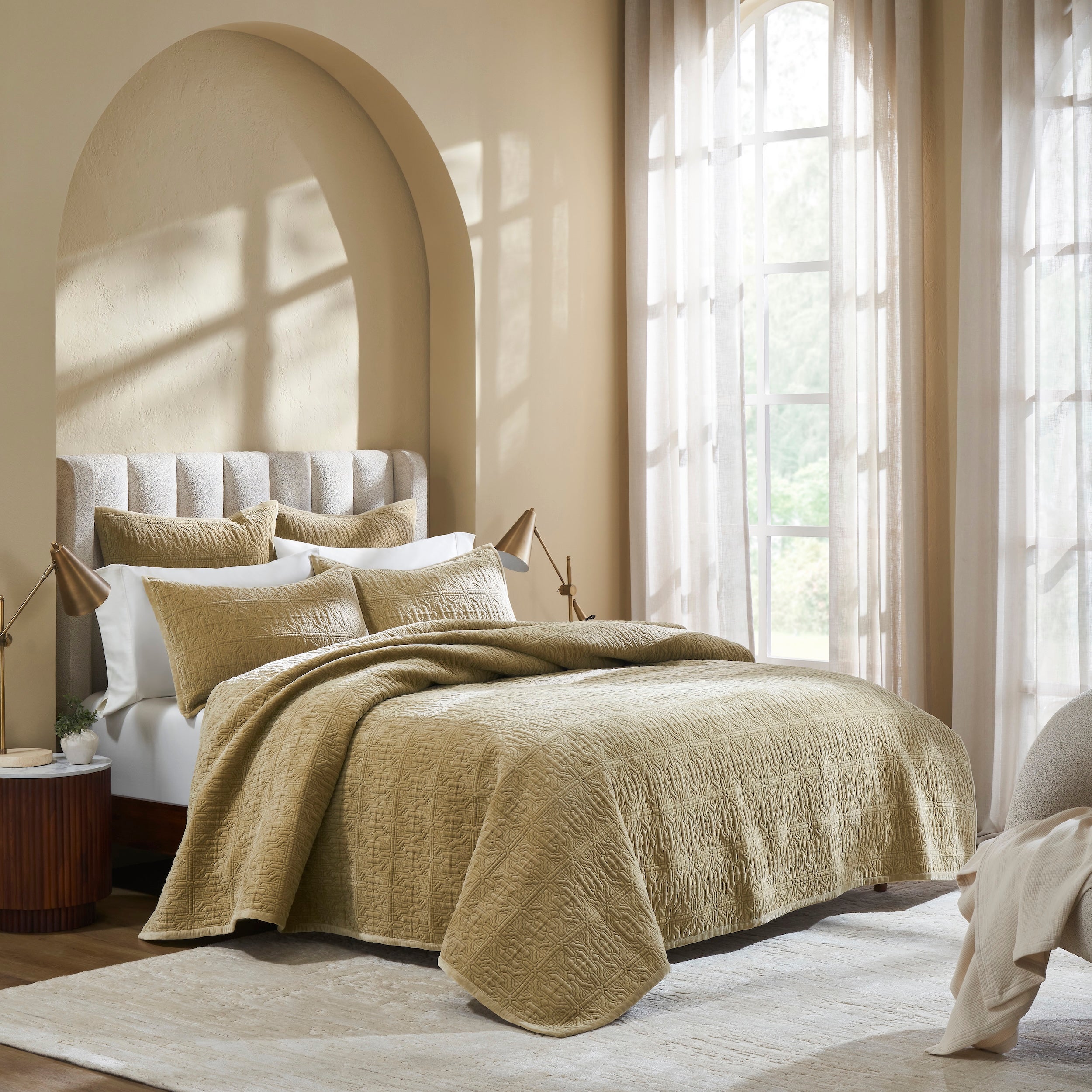 QT-377-11096_2|Luxurious golden quilt draped over a bed, featuring intricate patterns and soft texture for enhanced bedroom comfort.