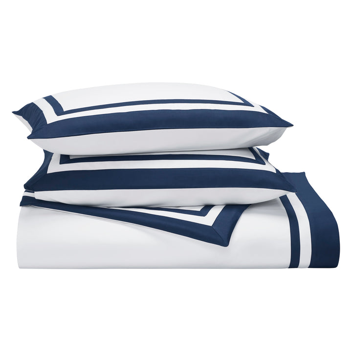 ES-069-2626_3|Stacked navy blue and white striped duvet cover set, premium cotton bedding for a stylish, comfortable sleep experience.