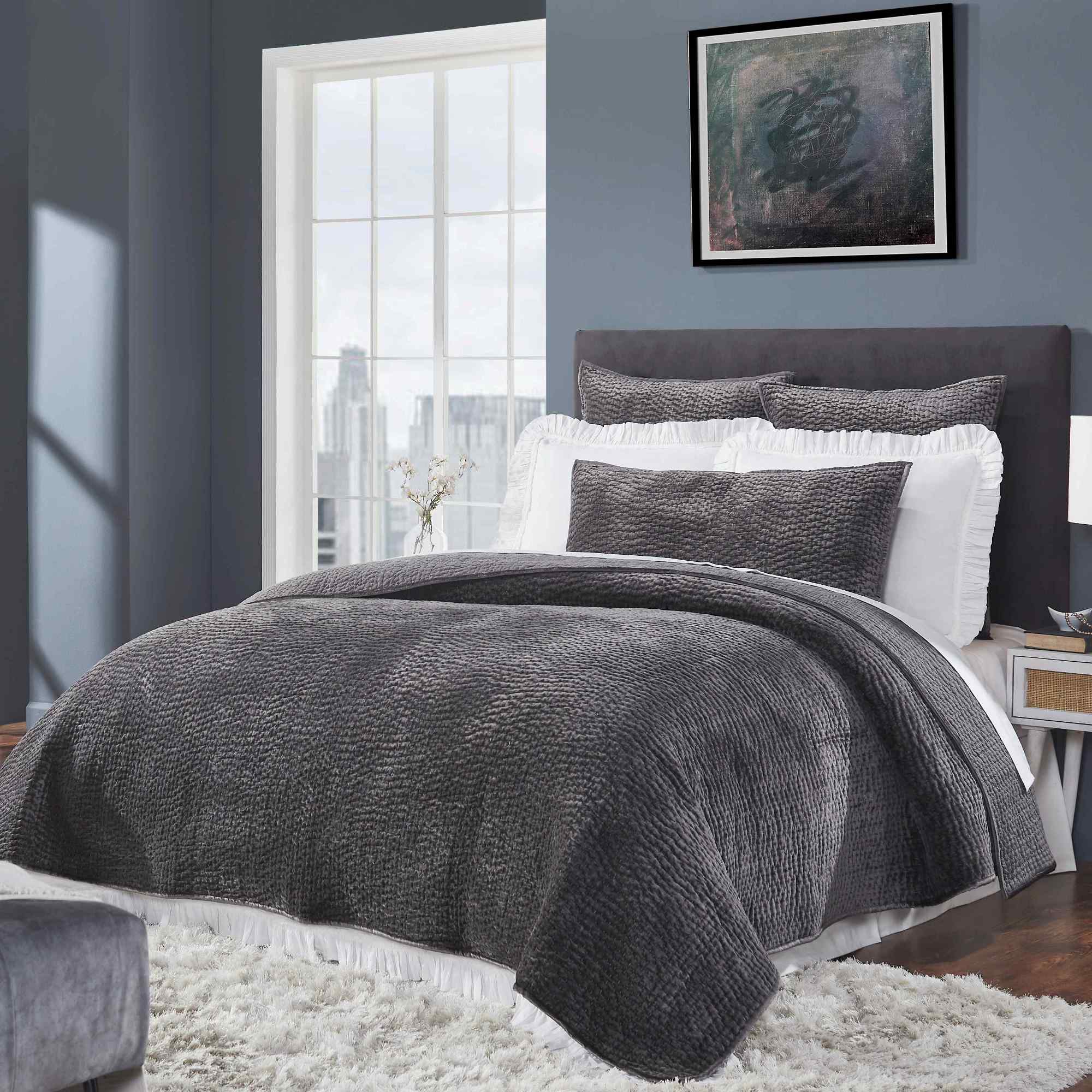 CL-184-11898_2|Luxurious dark gray textured coverlet gracing a contemporary bed, enhancing bedroom decor with rich color.