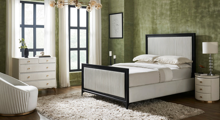 FN-5216-482036_7|Luxurious white ribbed leather bedroom furniture set, featuring a contemporary bed frame, elegant dresser, and nightstand.