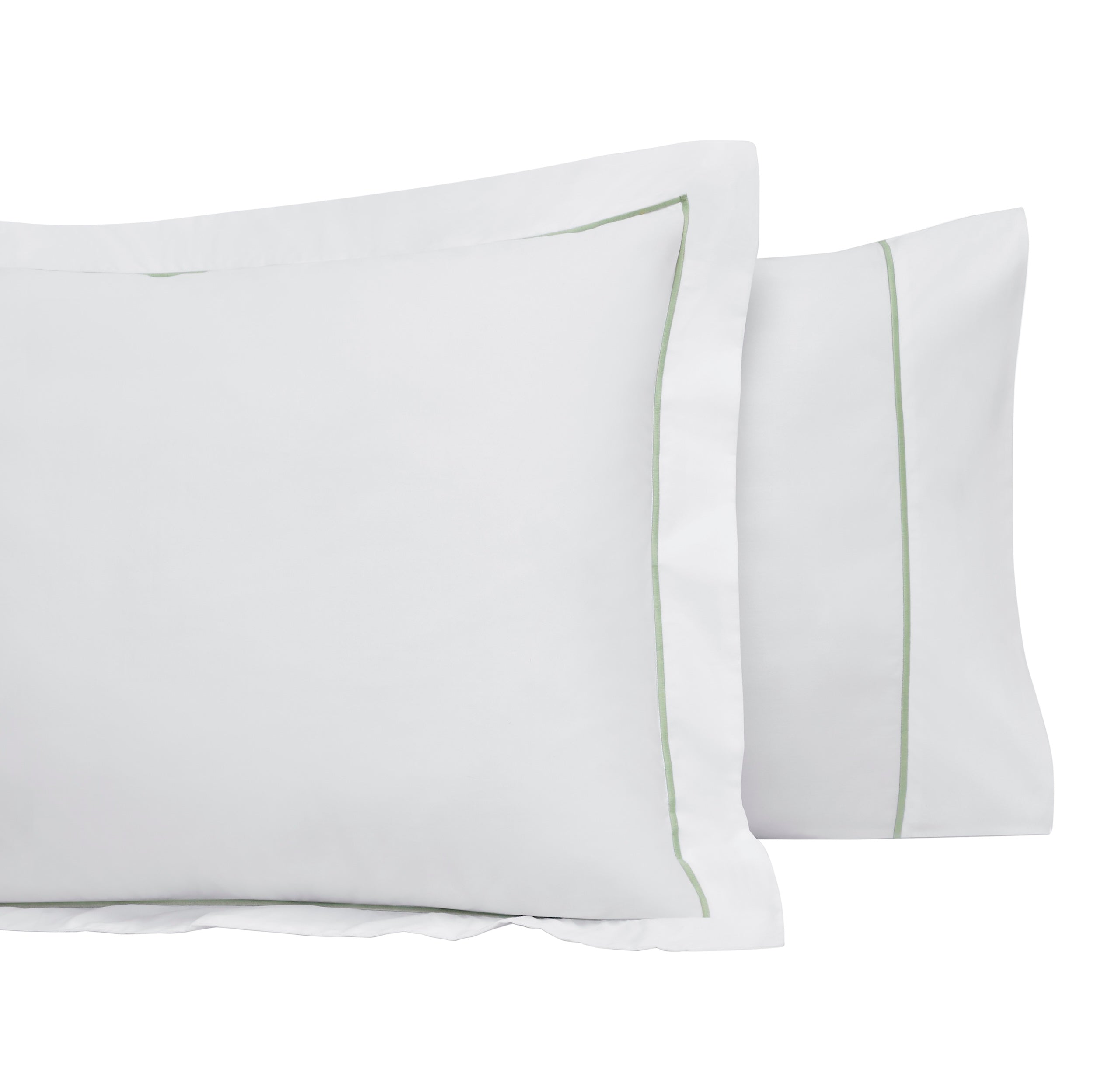 AKP-532-2040_3|Elegant white 100% cotton pillowcases with stylish light green border details, adding comfort and modern touch to bedding.