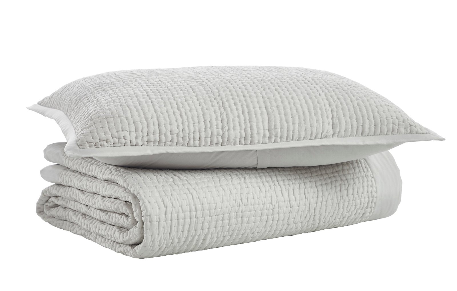 CL-197-11096_6|Soft light grey quilted coverlet and matching pillow, neatly folded, featuring a cozy waffle texture for bedding.