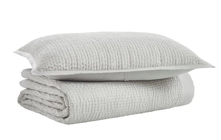 CL-197-11096_6|Soft light grey quilted coverlet and matching pillow, neatly folded, featuring a cozy waffle texture for bedding.