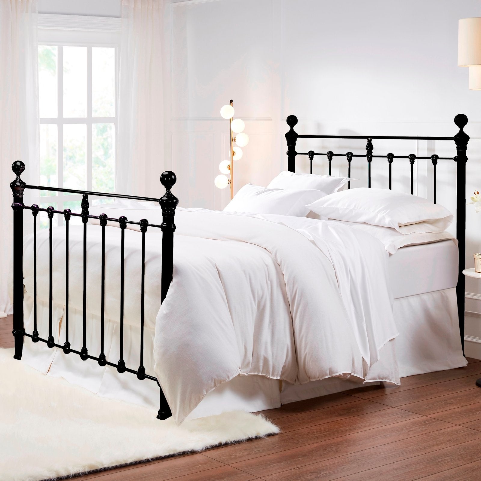 MB-204-6080_1|Sophisticated black metal bed frame with elegant finials, beautifully dressed with soft white bedding for a chic bedroom.
