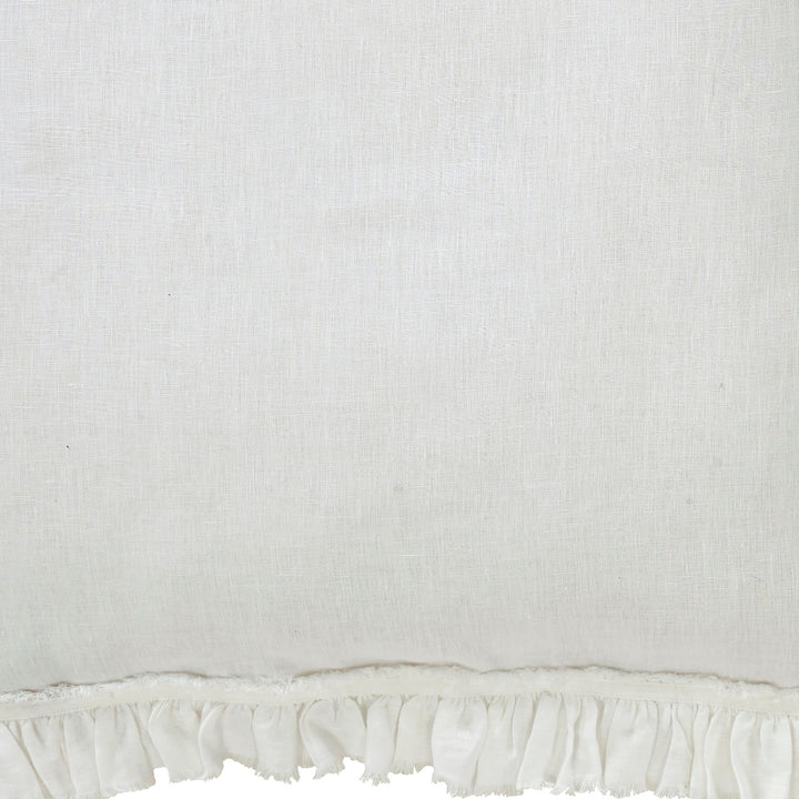 SWT-017-7.8_1|Elegant white linen blend fabric with delicate ruffled trim, ideal for luxurious bedding, throws, and decorative textile products.