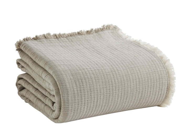 BT-102-11096_3|Folded light grey textured blanket with stylish fringe, offering cozy warmth and a sophisticated neutral accent for home.