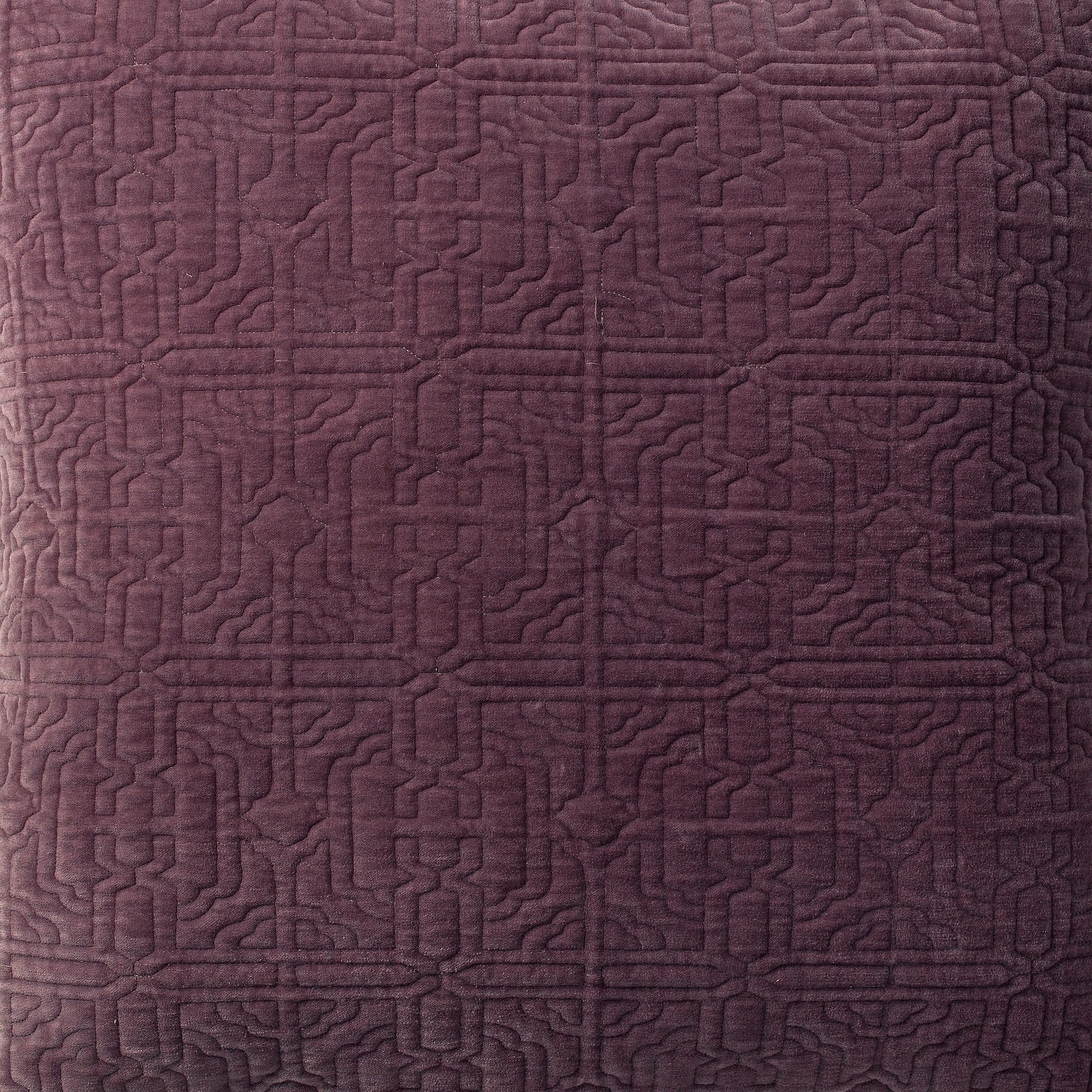 SWT-305-X_1|Rich plum velvet quilted bedding fabric, intricate geometric pattern, offers luxurious texture and bold style.