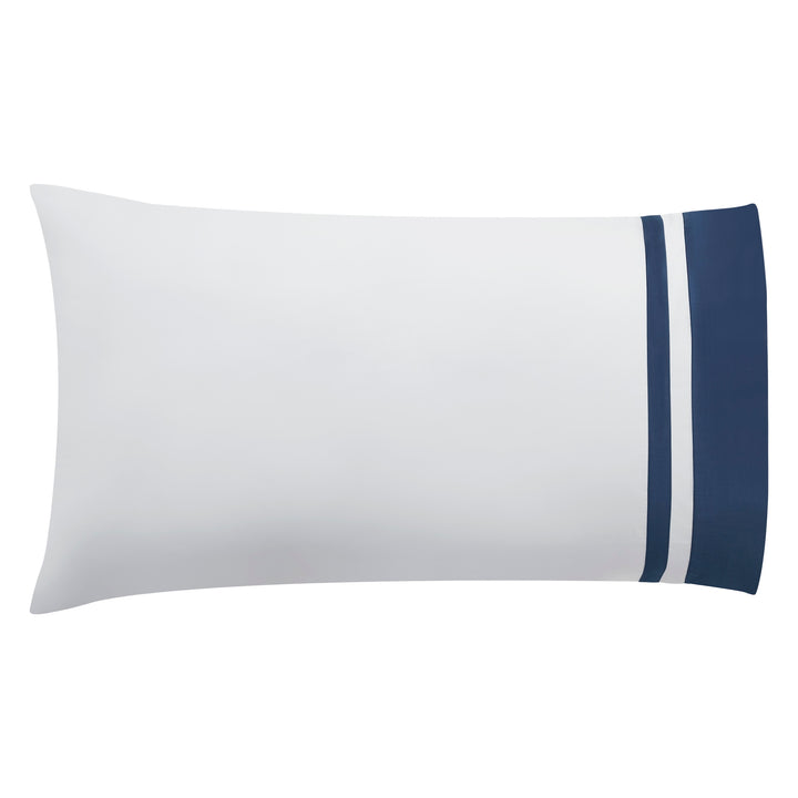 ASP-548-2032_3|Single 100% cotton sateen pillowcase, white with a distinct navy blue double stripe border on the opening.