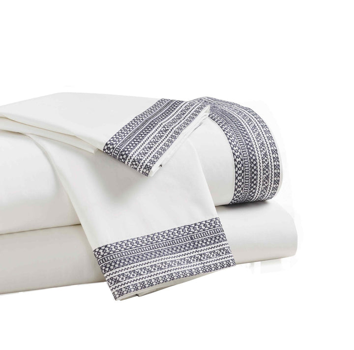 KSS-503-7880_3|Luxurious 100% cotton sheets in crisp white, adorned with elegant navy embroidered decorative trim. Soft, breathable, hotel-quality bedding.