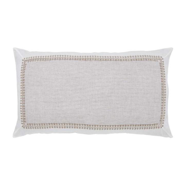 KS-031-2036_1|White linen duvet cover showcasing a sophisticated taupe embroidered geometric border and striped pattern.