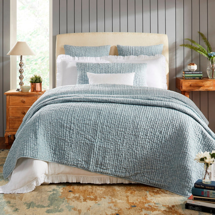 QT-316-DUP-X_1|Inviting light blue channel quilted quilt, offering a soft, textured feel for modern bedroom decor. Cozy and stylish bedding ensemble.