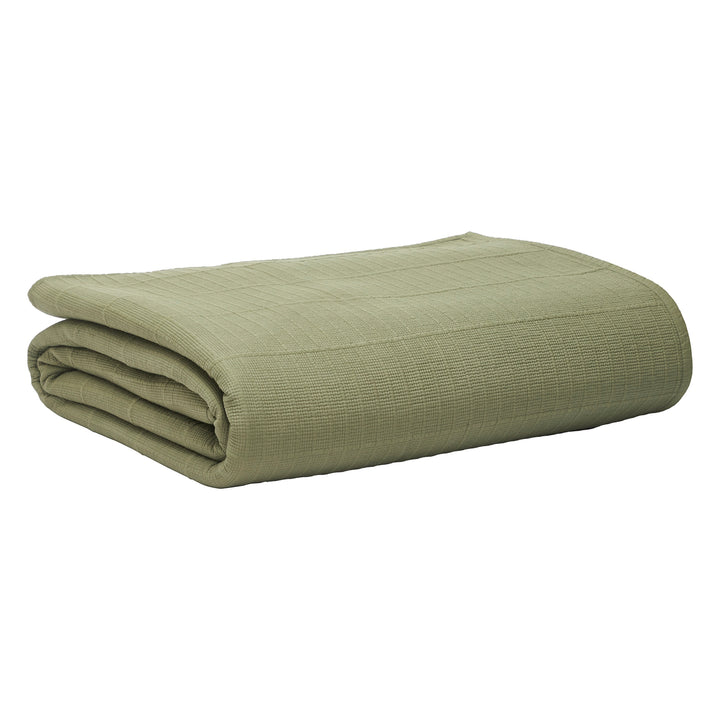 CL-270-9496_11|Folded sage green textured cotton blend coverlet, lightweight and breathable for all-season use, neutral bedding.
