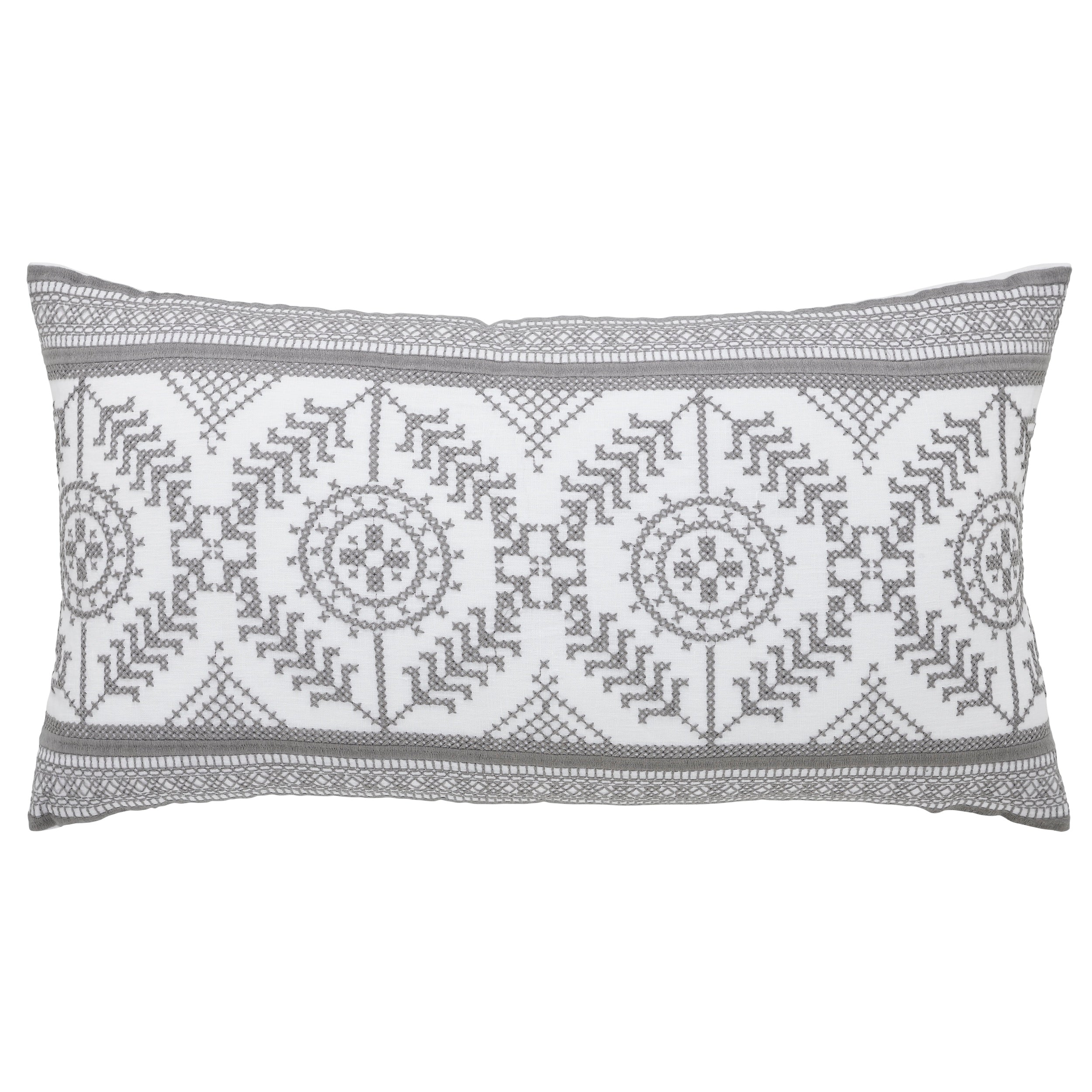 DP-1366-1426_1|White rectangular decorative pillow with intricate grey geometric embroidered pattern. Accent pillow for modern living.