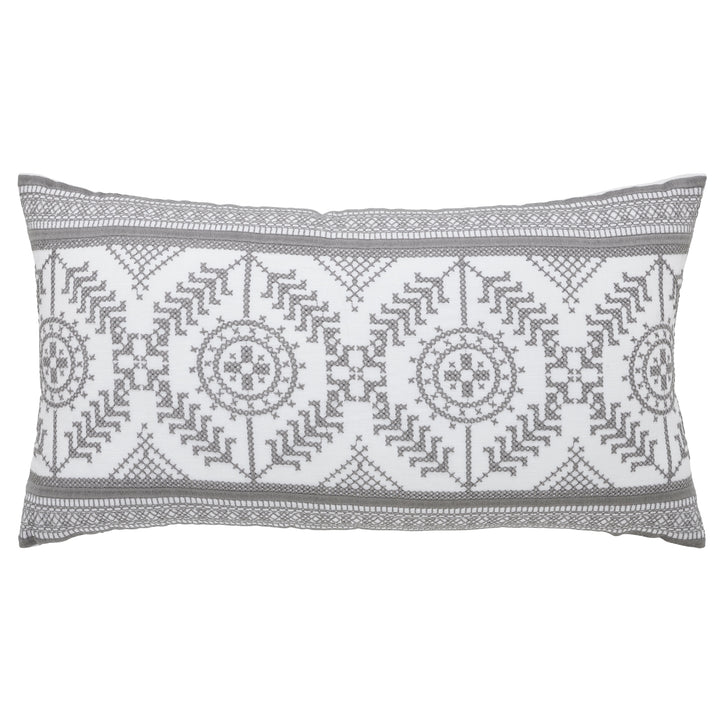 DP-1366-1426_1|White rectangular decorative pillow with intricate grey geometric embroidered pattern. Accent pillow for modern living.