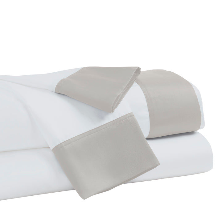 QSS-529-6080_4|White 100% Lyocell sheet set with elegant grey trim, offering luxurious softness and breathable comfort.