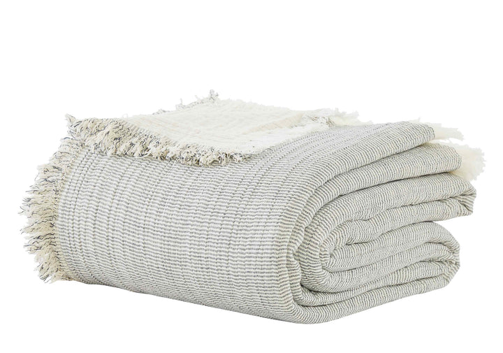 BT-113-11096_4|Folded light gray and white striped textured blanket with fringed edges, revealing its soft fabric and pattern.