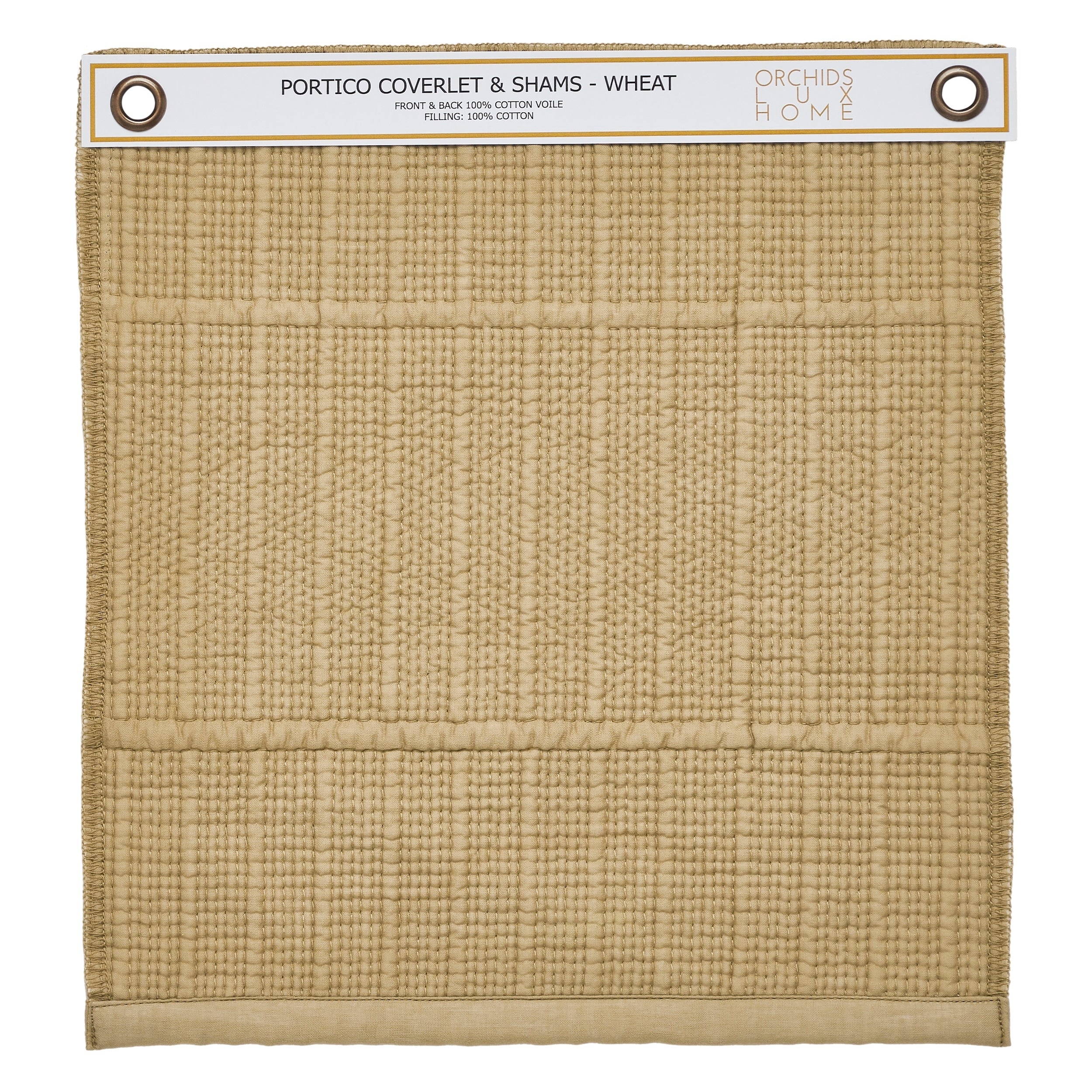 SWT-269-1010_1|Wheat Portico coverlet and shams fabric swatch, showcasing textured 100% cotton voile for luxurious, soft bedding.