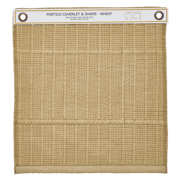 SWT-269-1010_1|Wheat Portico coverlet and shams fabric swatch, showcasing textured 100% cotton voile for luxurious, soft bedding.