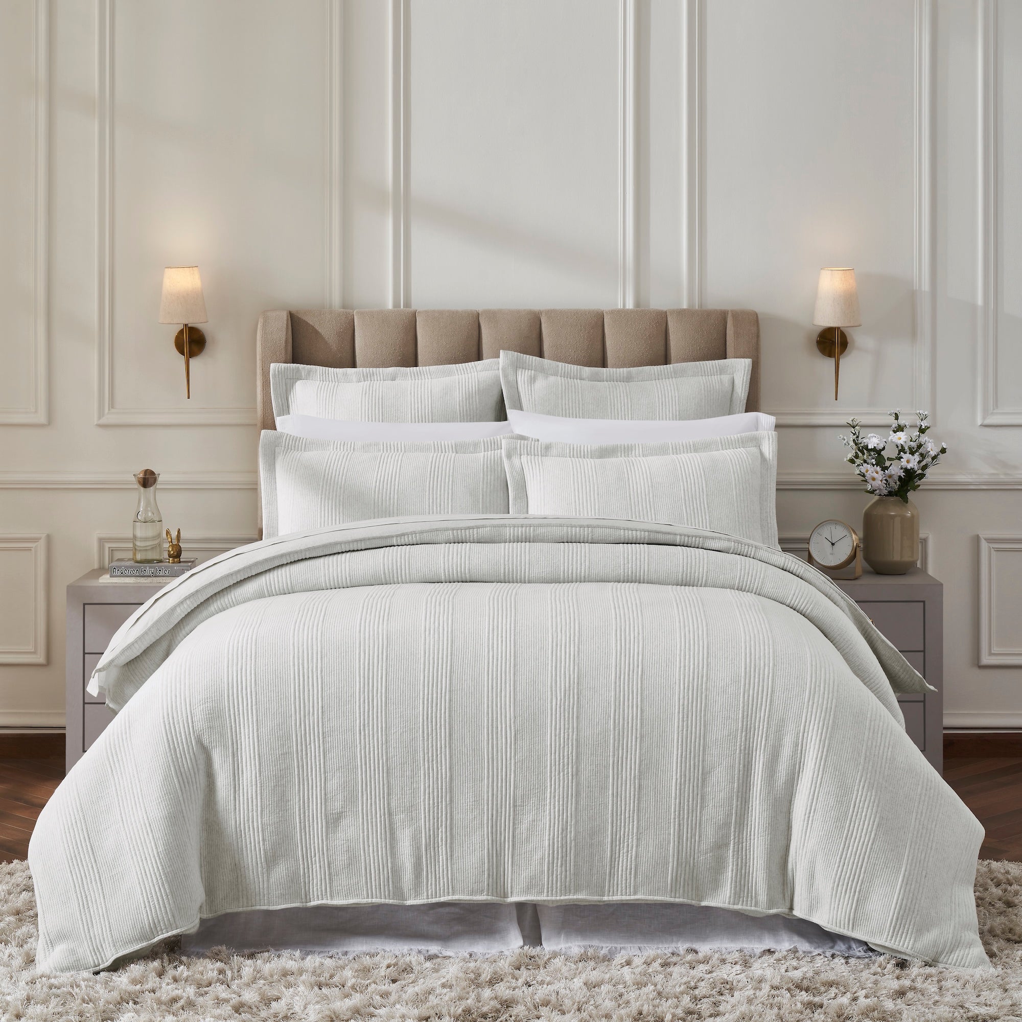 DT-043-9092_1|Elegant light grey ribbed duvet cover set on a bed, with matching shams and pillows for a luxurious bedroom aesthetic.