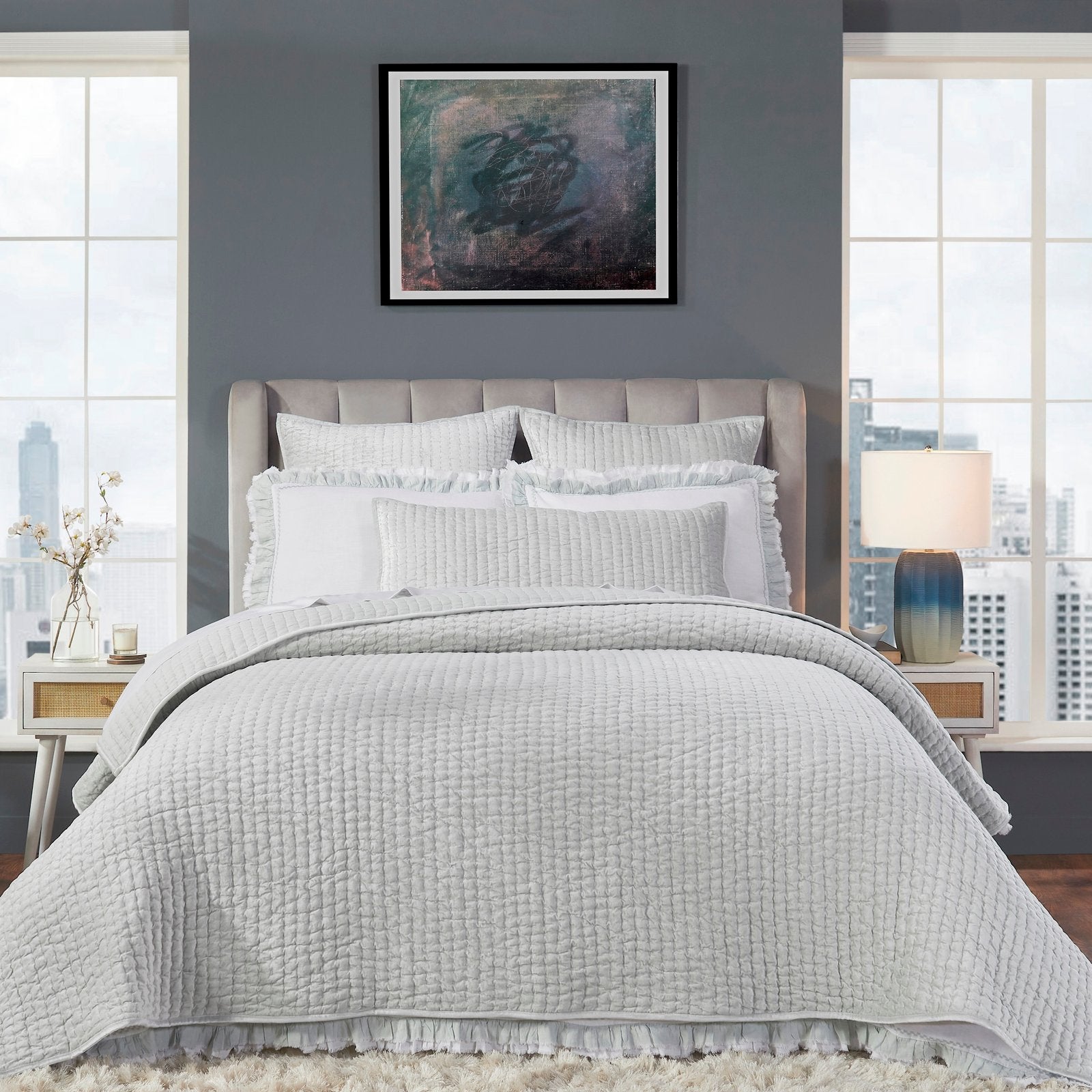 QT-352-11096_1|Stylish light grey quilted quilt, providing exceptional comfort and a serene modern touch to any sophisticated bedroom.
