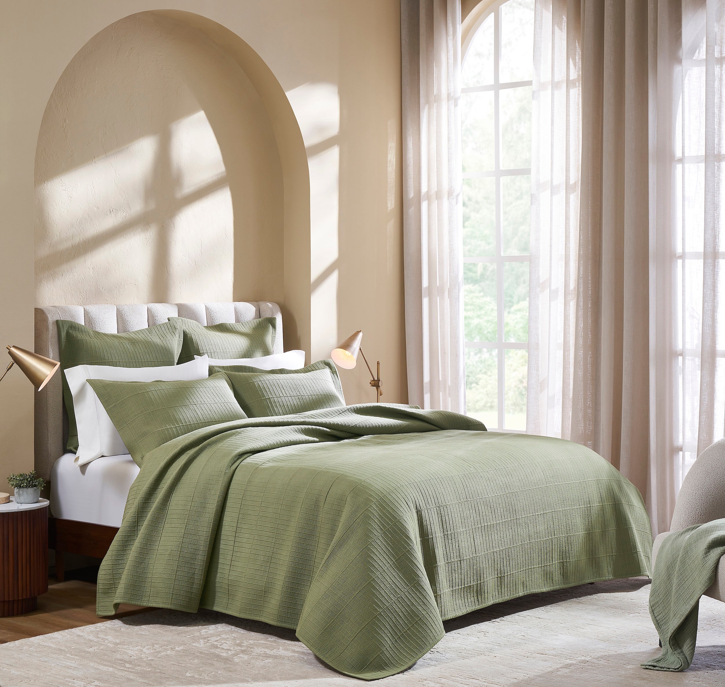 CL-270-11096_1|Stylish sage green textured coverlet on a bed. Lightweight, soft bedding for a cozy, inviting bedroom.