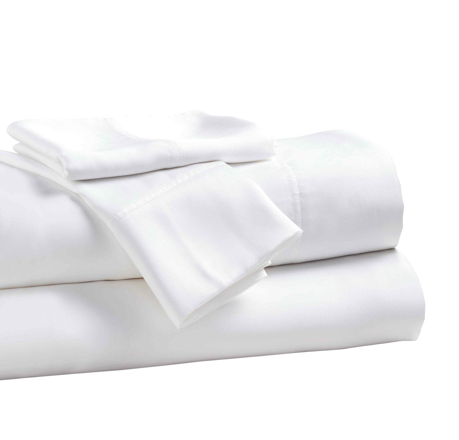 KFL-509-7880_4|Stacked white 100% Lyocell sheet set, crisp and folded. Sustainable, luxury bedding for a refreshing sleep experience.