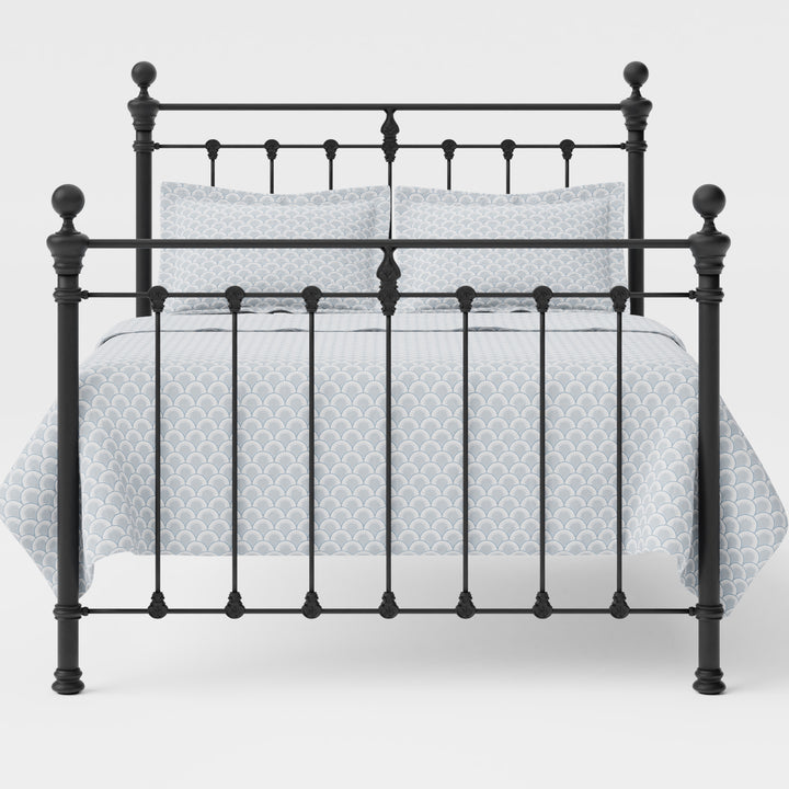 MB-204-6080_2|Stylish black metal bed frame with decorative finials, featuring a chic blue patterned duvet and matching pillows.