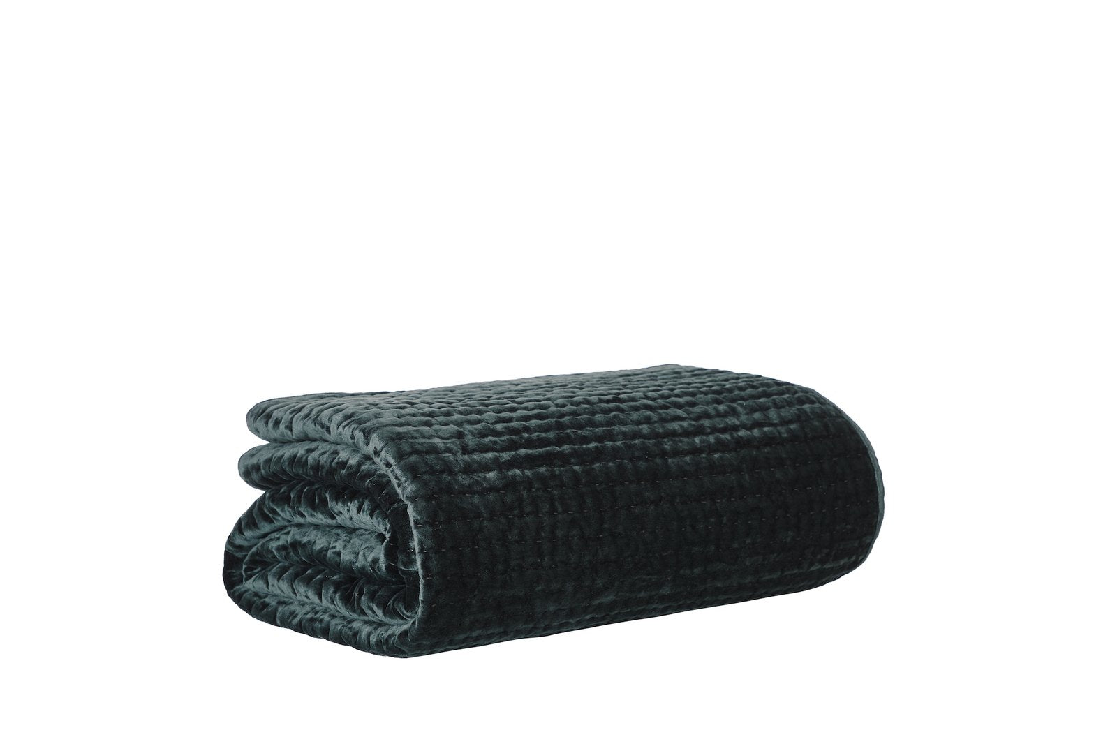QT-363-11096_6|Neatly rolled dark green quilted blanket, featuring a rich velvet texture, perfect for adding warmth and style to any room.