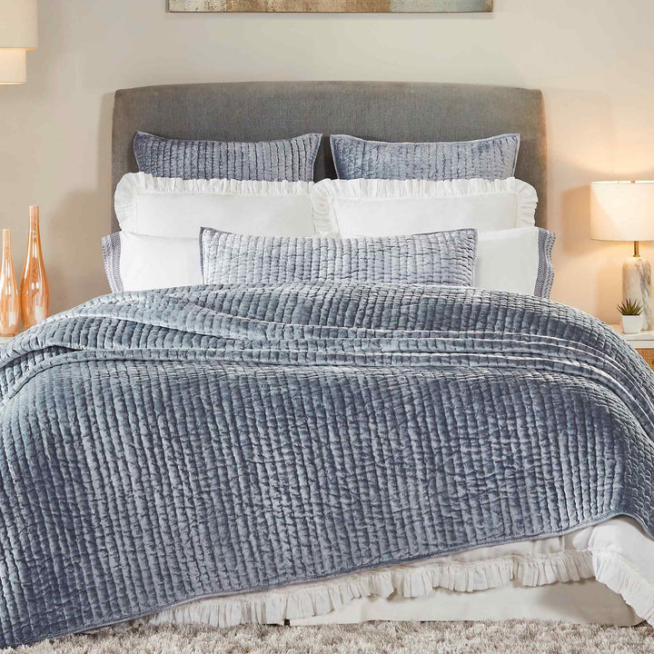 QT-340-9496_1|Serene light blue-grey velvet channel quilted quilt, providing a soft, calming presence and luxurious comfort to bed.