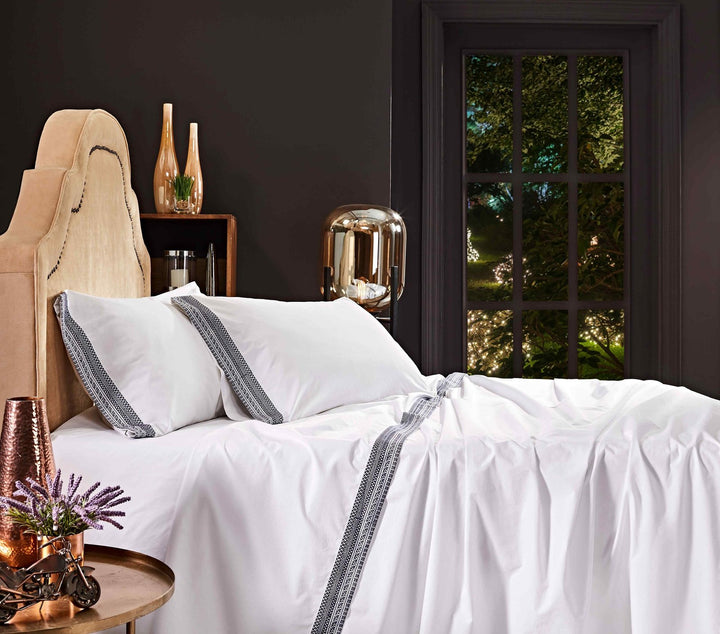 KSS-503-7880_2|Luxurious 100% cotton sheets in crisp white, adorned with elegant navy embroidered decorative trim. Soft, breathable, hotel-quality bedding.