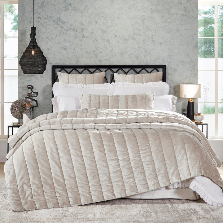 QT-339-X_1|Cozy light beige textured quilt bedding set with matching decorative shams, enhancing a sophisticated, inviting and comfortable bedroom aesthetic.