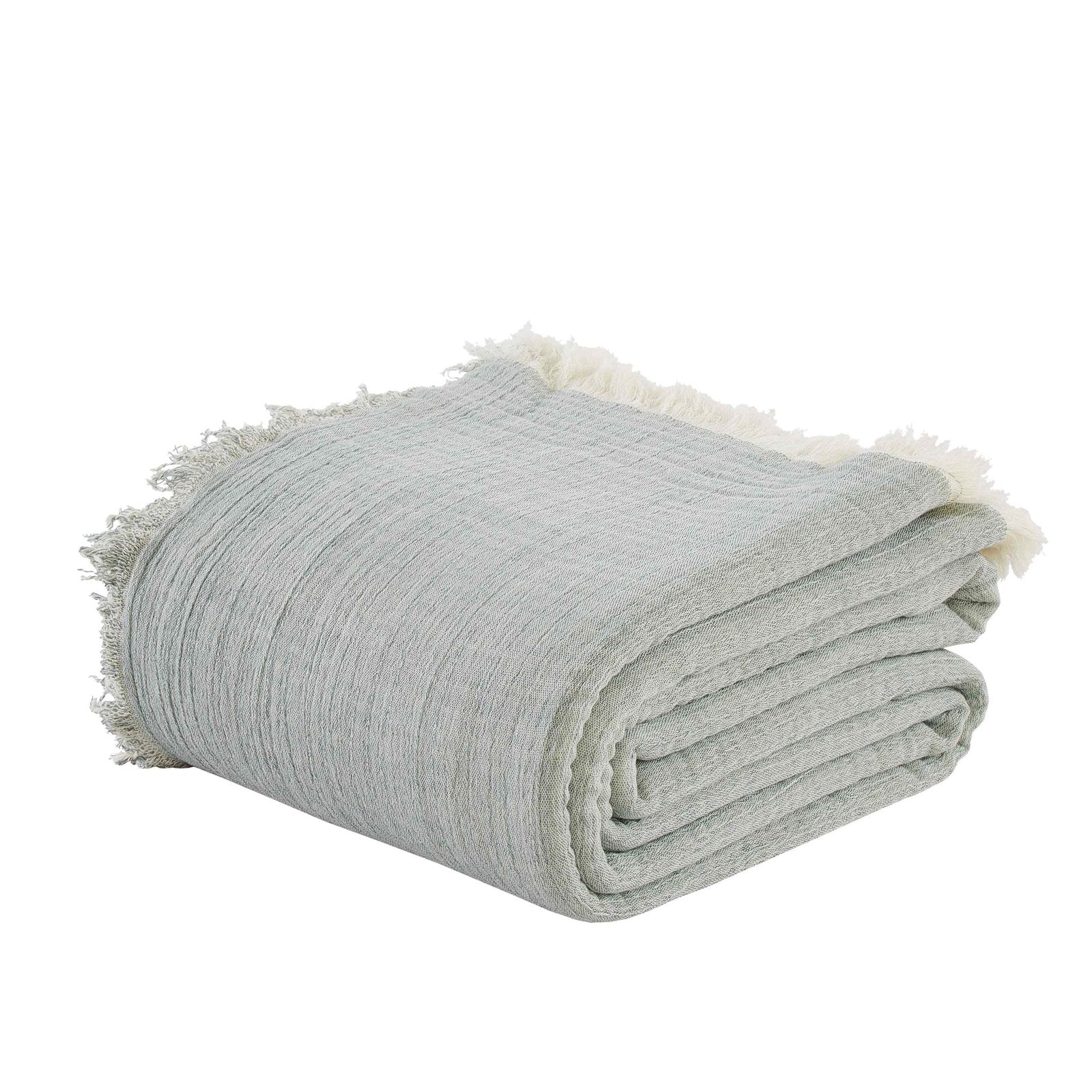 BT-109-9496_3|Folded sage green crinkled blanket with frayed edges, revealing its soft texture and reversible design for relaxed home comfort.