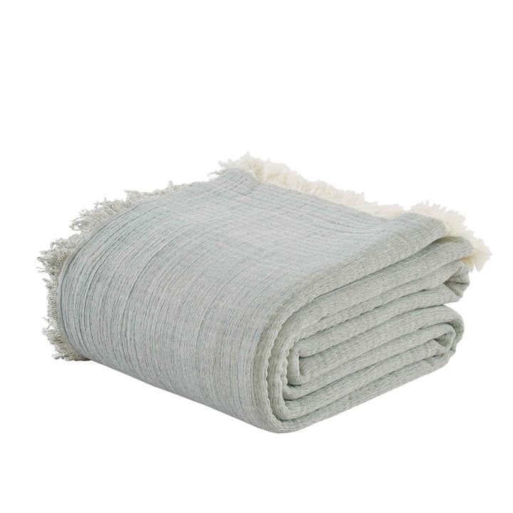 BT-109-9496_3|Folded sage green crinkled blanket with frayed edges, revealing its soft texture and reversible design for relaxed home comfort.