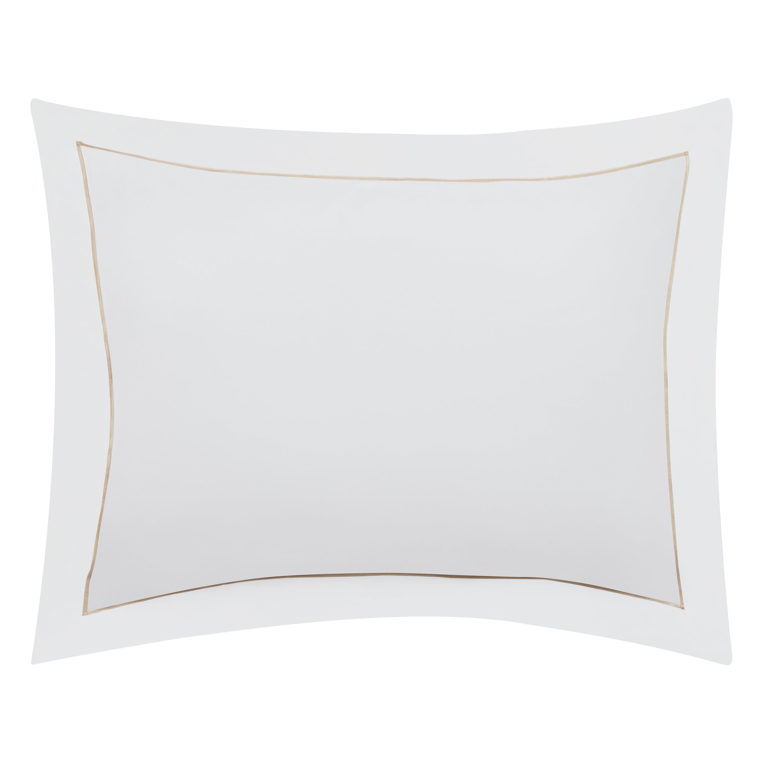 SS-056-2026_1|Sophisticated white cotton sateen pillow sham with elegant light gold embroidered border, enhancing upscale duvet covers.