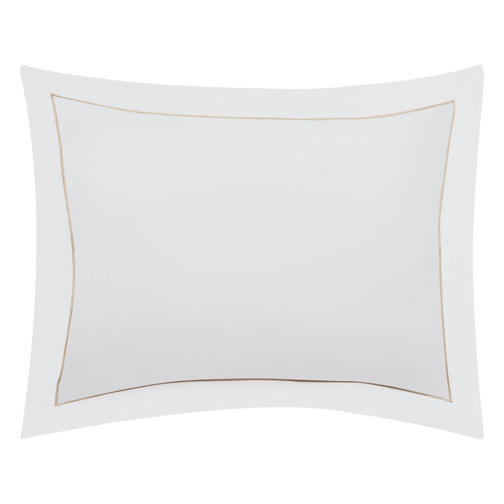 SS-056-2026_1|Sophisticated white cotton sateen pillow sham with elegant light gold embroidered border, enhancing upscale duvet covers.