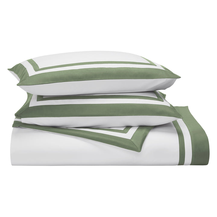 DT-062-10692_4|Neatly folded white duvet cover with stylish double green border. Hotel collection luxury bedding for a serene bedroom.