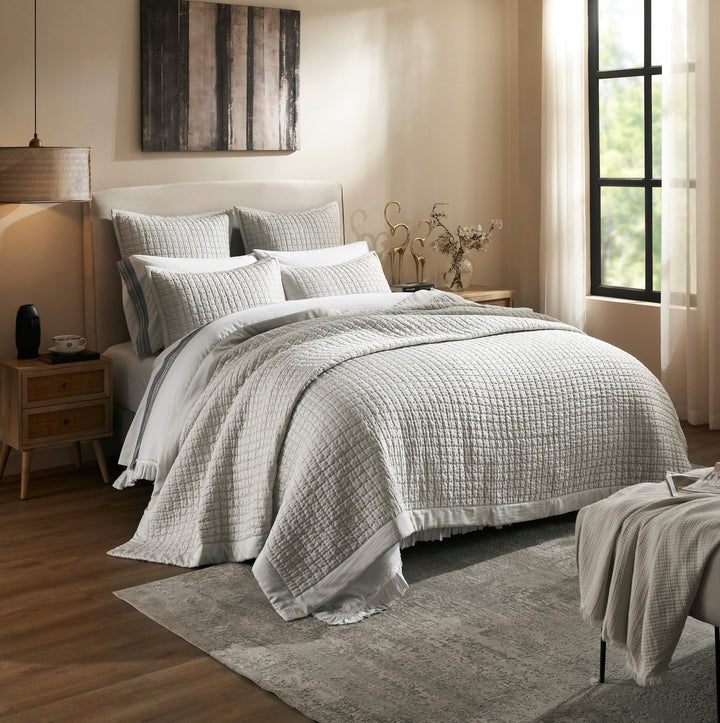 CL-198-11096_2|Light grey textured coverlet with a subtle grid pattern, creating a modern and cozy feel for any elegant bedroom decor.