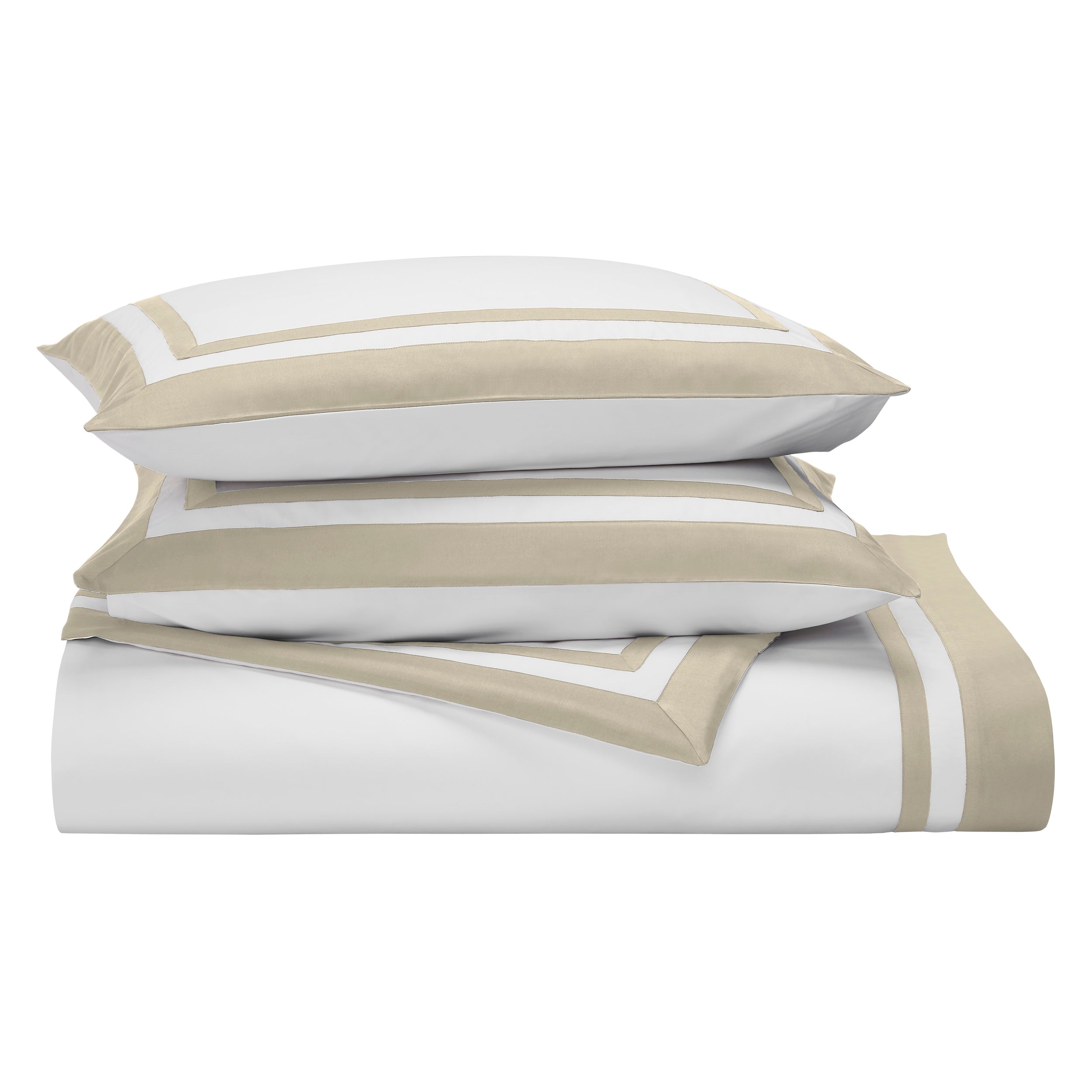 SS-066-2026_3|Elegant beige bordered white sateen duvet cover set, luxurious cotton bedding for a sophisticated bedroom design.
