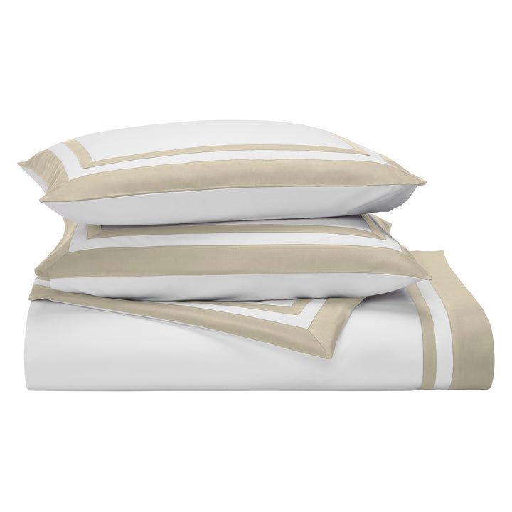 SS-066-2026_3|Elegant beige bordered white sateen duvet cover set, luxurious cotton bedding for a sophisticated bedroom design.